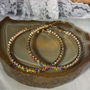Gold Hoop Earrings with Multicolor Crystal Accents - 2.25"